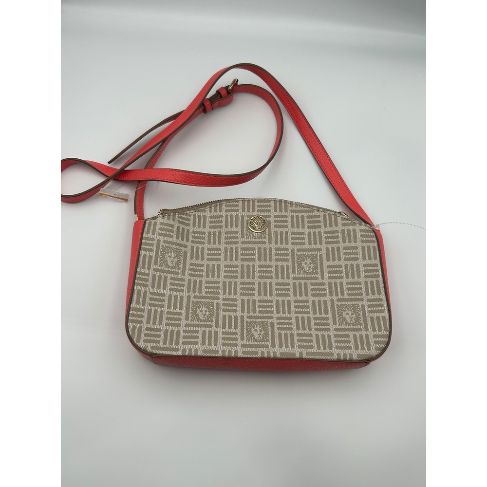 Anne Klein Crossbody Bag Coral Red Tan Geometric Lion Logo Print Gold Hardware
